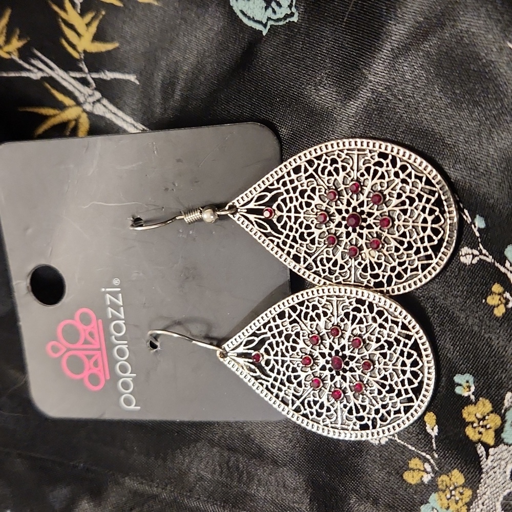 Paparazzi Silver Filagree & Red Rhinestone Earrings